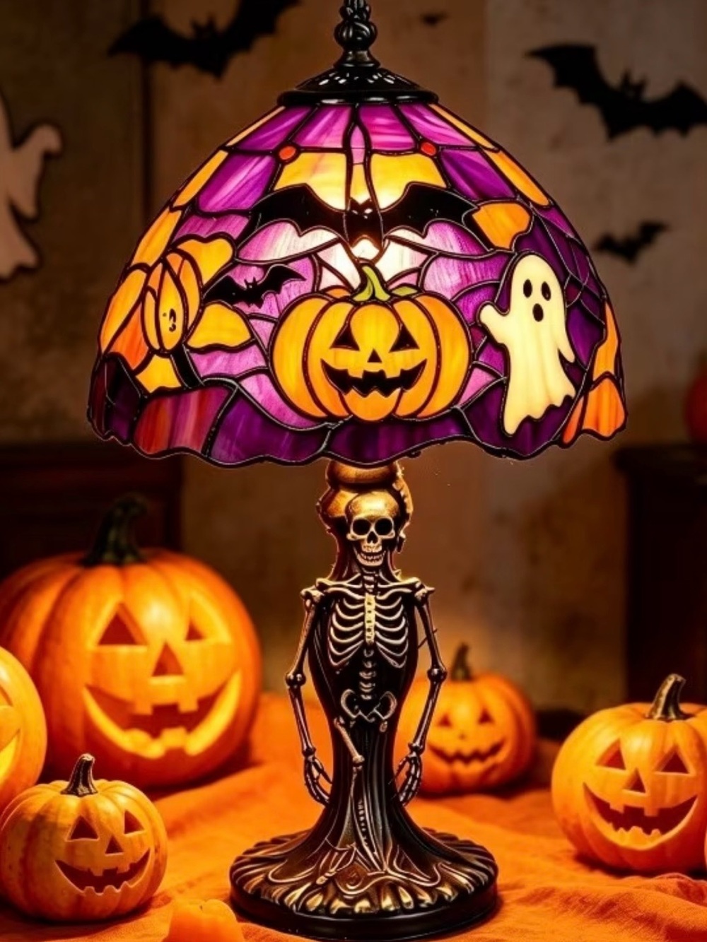Halloween Stained Glass Pumpkin & Ghost Lamp - Purple and Orange